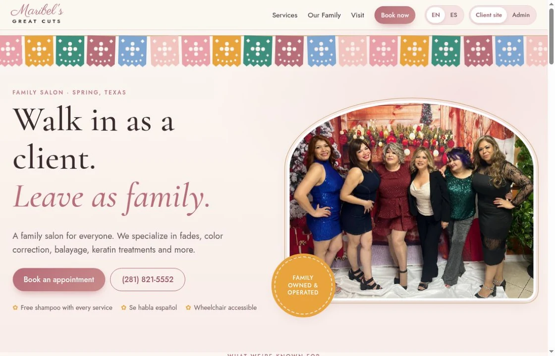 Actual homepage of the Maribel’s Great Cuts salon website.