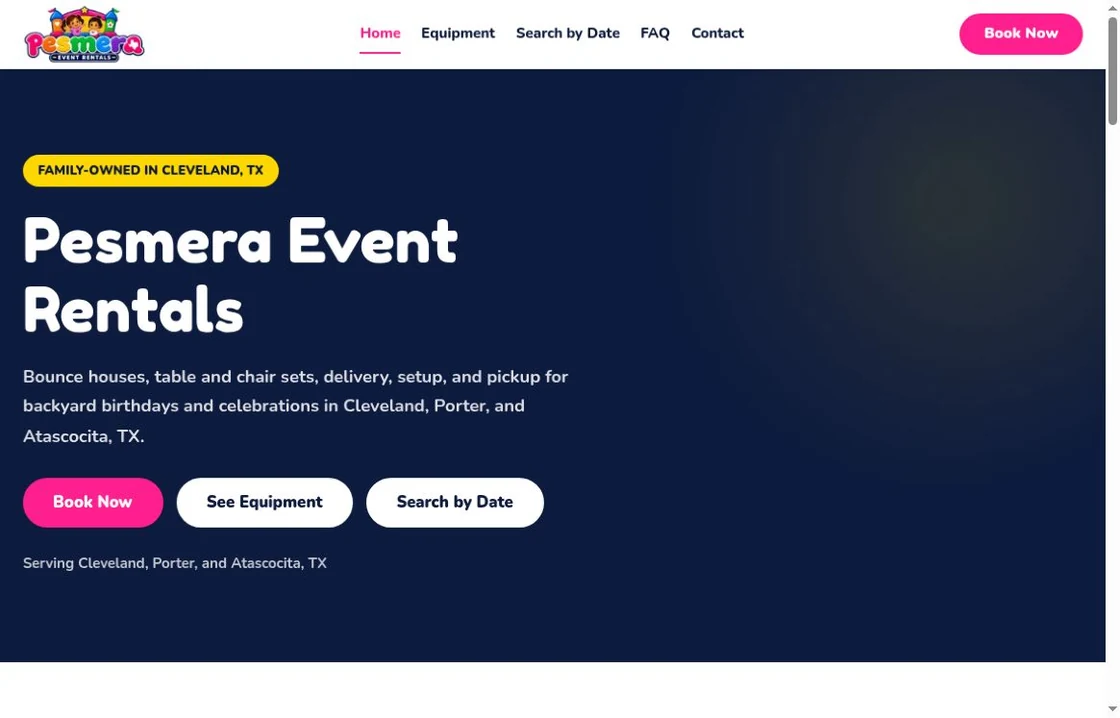 Actual homepage of the Pesmera Event Rentals website.