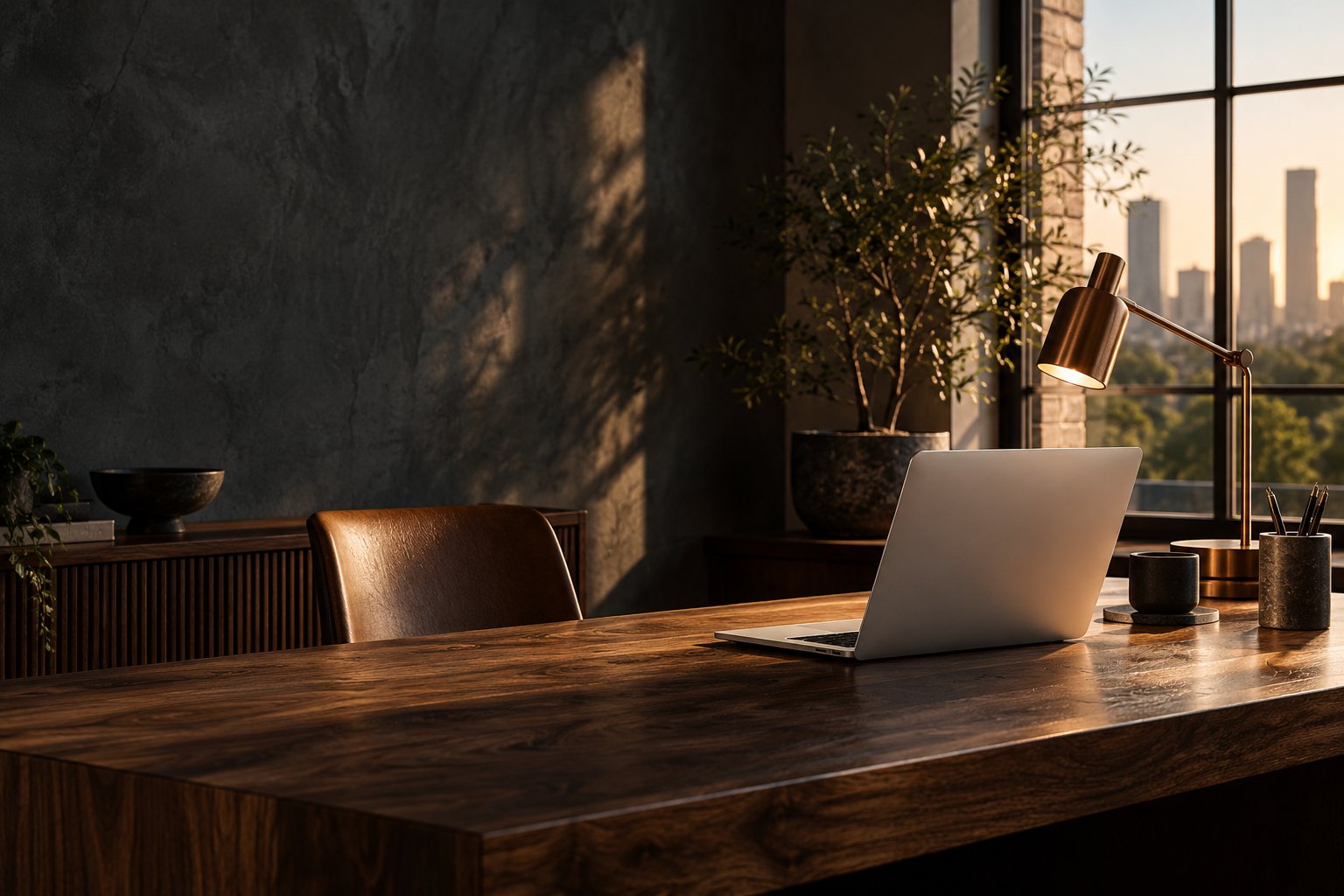 AI-generated creative workspace concept: warm walnut, copper light and a silver laptop.
